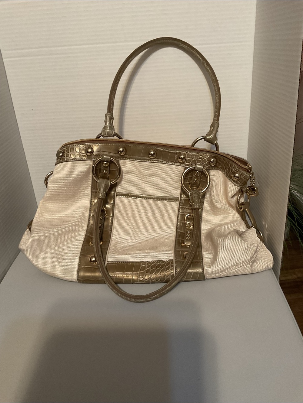Kathy Van Zeeland Cream Canvas Shoulder Satchel with Gold Croc-Trim